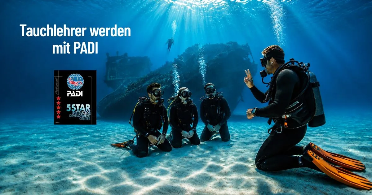 PADI Tauchlehrer gibt drei knienden Tauchschülern unter Wasser vor einem Wrack ein Handzeichen – IDC-Ausbildung im PADI 5 Star IDC Center