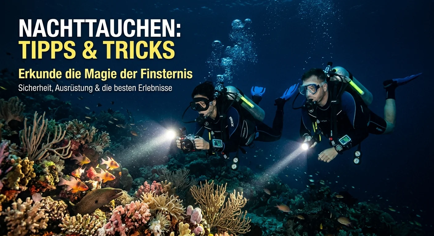 Nachttauchen: Tipps und Tricks – zwei Taucher mit Lampen über einem KorallenRiff bei Nacht